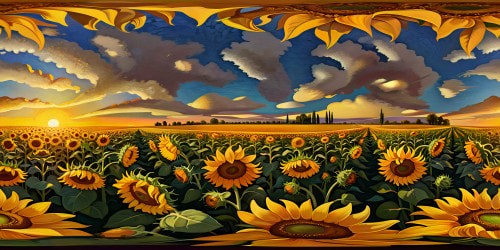An opulent, flawlessly detailed Van Gogh-inspired sunflower field under a radiant, golden sunset, with oversized, richly textured blooms in ultra high resolution, embodying an artistic masterpiece.