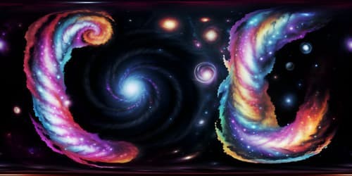 Masterpiece quality, VR360 ultra-high-res, galaxy spiral entranced into a void. Cosmic tendrils, star speckles. Void's hypnotic pull, nebulous swirls. Starry abyss, VR360 encapsulated in celestial dance. Surreal art-style, vivid cosmic colors, stark void contrast.