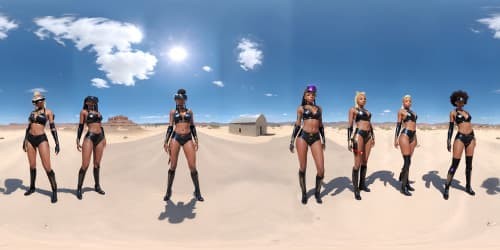 four african american women sorceresses wearing thigh high boots. one is wearing bracelets made of fire. one has dreadlocks.one is wearing a metalic silver bodysuit.