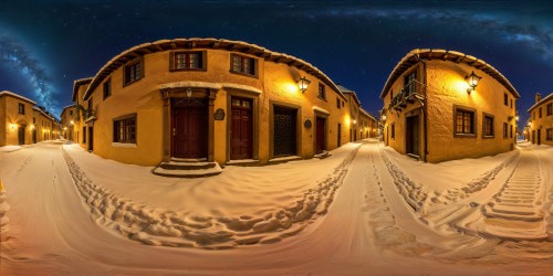 A snow-covered cobblestone street winding through an ancient city under a starlit sky, gas lamp light casting warm glows on historic buildings, intricate architectural details, flawless winter ambiance captured in ultra-high resolution perfection.