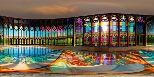 Ideal prompt: A mesmerizing vista of a pristine and dazzling crystal palace, refracting sunlight to create a kaleidoscope of colors, intricate stained-glass windows casting rainbow hues across the flawless marble floors, breathtakingly detailed, an exquisite work of art in ultra high resolution.