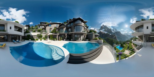 VR360: Ultra-high resolution, two-story masterpiece abode, rooftop pool shimmering with distant galaxies reflected, perched atop Mt. Everest. VR360: Surreal art style, blending Pixar-like detailing of the house and pool with digital painting of the icy mountain peak.