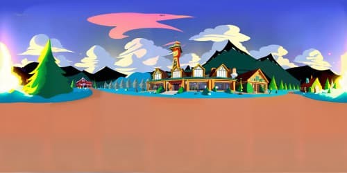 South Park with its unique animated style, crisp VR360 view, vibrant colors, renowned landmarks like City Hall, bus stop, distinctive mountains, snow-covered surrounding. Ultra high res, pixar-style animation, flawless detailing, engaging VR360 masterpiece.