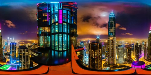 An opulent penthouse offering a perfect perspective of a cyberpunk metropolis, vibrant neon hues dancing on modern towers, the 8K high-resolution night vista displaying a masterful urban landscape, the towering pinnacle proudly bearing the luminous "VILLY INC" sign.