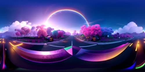 Rainbow-hued sky, golden sunset, prismatic clouds, silky shimmer, VR360 display. Neon sparkles, aurora swirls, iridescent horizon, ultra HD, masterpiece quality. Floating fantastical islands, ethereal light, airy, VR360 view. Stylistic elements: Abstract impressionist, vivid colors, high-contrast, subtle gradients.