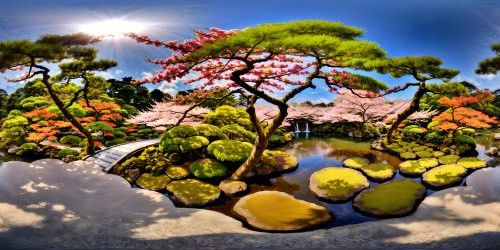 A breathtaking view of a meticulously crafted Japanese garden, showcasing vibrant cherry blossom trees in full bloom, shimmering koi pond reflecting the clear blue sky, intricate moss-covered stepping stones, radiant sunlight casting gentle shadows, inviting exploration in exquisite detail.