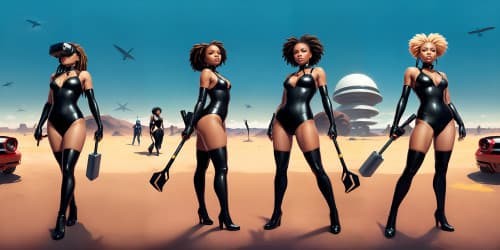 four african american women_wearing dark red metallic leotards_and black thigh high boots_they are carrying large hammers_one woman has dreadlocks_