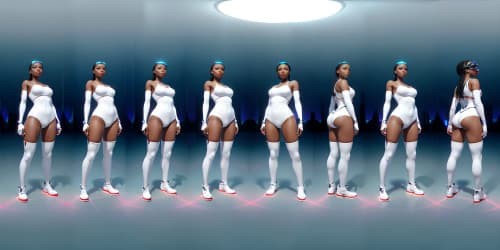 four women wearing white leotards with thigh high boots. they are evil sorceresses'. they are african american women