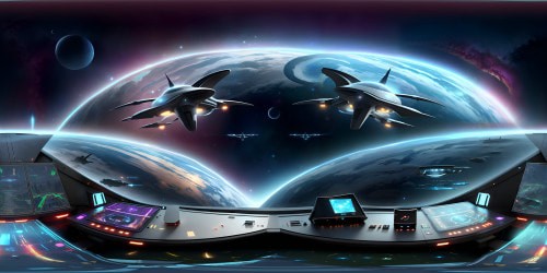 VR360 view, Bridge of Starship Enterprise, ultra high-res, grand sweep of control panels, all-encompassing holographic star charts, metallic surfaces gleaming. VR360 perspective, masterpiece of futuristic aesthetics, seamless blend of sci-fi realism and Pixar-style finesse.