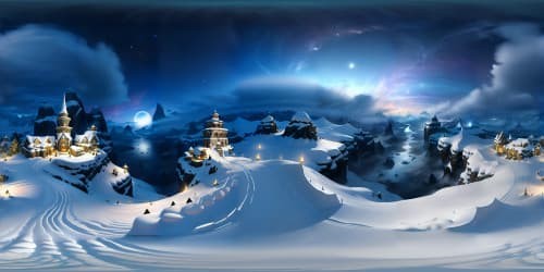 Ultra high-res VR360 vista, majestic snow-capped peaks, masterpiece quality. Night sky, shimmering stars, snow blanketed ranges, VR360 rugged terrain, detailed frost textures. Ethereal blue hues, icy splendor. Unseen mountain home interior, VR360 visual spectacle.