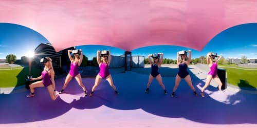 five female teachers wearing pink leotards with pink trim_they have golden wings_the women have gold halos over their heads_one woman has blue eyes_two of the women are blonde_they are squatting_spread_arms above their heads_ their belly buttons are showing_facing away