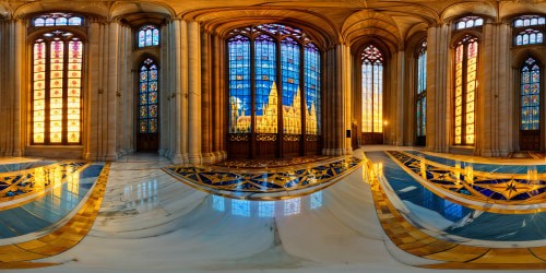 A grand, extraordinary cathedral bathed in golden sunlight, intricate stained glass windows casting vibrant colors onto marble floors, towering spires reaching towards the flawless azure sky, ultra-high-resolution details capturing every ornate carving and intricate design flawlessly.