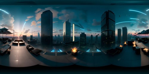 VR360 view: Cut-throat intensity, high-resolution John Wick battle scene, noir-style anime visuals. Broken glass shards, reflections of moonlight, explosion debris hovering. Cinematic color palette, ultra-detailed masterwork. High-rise rooftop, cityscape backdrop, dynamic VR360 fight choreography perspective.