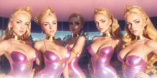 photorealistic, best quality, masterpiece, ultra high res, quartet of distinct princesses_wearing pink garments_wearing gold hoop earrings_wearing sparkling pink lip gloss_one has blue eyes_distinct hair color_they are squatting_close up of armpit_wearing gold bracelets,