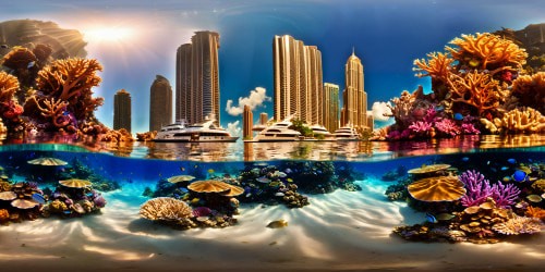 An impeccably detailed underwater cityscape with towering coral skyscrapers, shimmering schools of neon fish, sunken ships intertwined with coral reefs, dappled light filtering through crystal-clear waters, creating a flawless, ultra high-resolution masterpiece of marine beauty.