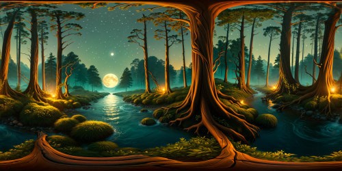 A meticulously detailed digital painting of an enchanted forest at twilight, vibrant fireflies dancing among ancient twisted trees, a luminescent full moon casting a gentle silver glow over a tranquil river, soft mist swirling through the scene, sparking a sense of mystical wonder and beauty. A visual masterpiece captured in flawless ultra high resolution, revealing intricate textures and awe-inspiring colors, crafted with the utmost attention to detail to create a perfect work of art.