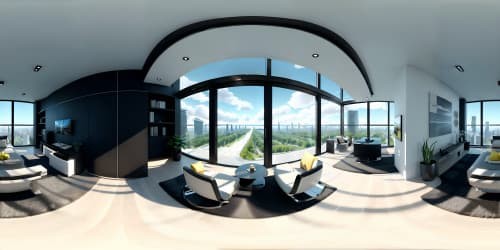 Ultra high resolution VR360 depiction, state-of-the-art modern salon, architectural masterpiece, sleek geometric designs, minimalist furniture, wide panoramic windows, unobstructed cityscape views, subdued led lighting, abstract art pieces, VR360 exploration, Pixar-style rendering.