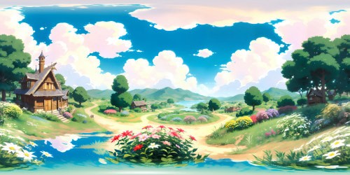 "Masterpiece garden blooms, riotous colors overwhelm VR360 view, ultra high-res petals detail, exotic flowers interspersed. Beaming sun, scattered fluffy clouds, fantasy-style, enhancing soft light play. VR360 panoramic sky, pastel-toned, cloud formations, impressionistic brushstrokes."