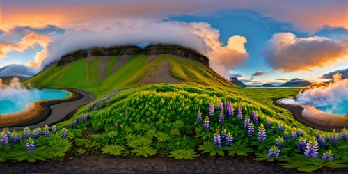 An impeccable, highest quality portrayal in ultra-high resolution of an Icelandic summer dawn, enveloped in tranquil mist, mirroring the shimmering tones of turquoise geothermal pools amid verdant plains dotted with lively lupine blooms, all beneath the soft radiance of a breathtaking sunrise illuminating distant majestic highland peaks.