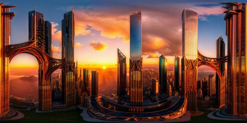 A futuristic highrise of immense scale and intricate design gleams under a radiant digital sunset, casting a mesmerizing glow over the cityscape below.