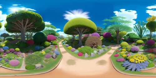 Ultra-HD, floral masterpiece, VR360 skyview, Japanese botanical garden, vibrant rainbow blooms. Minimalist foreground, grand flora vista focus. Style Realism, whimsical touch, heightened color intensity, VR360 fascination