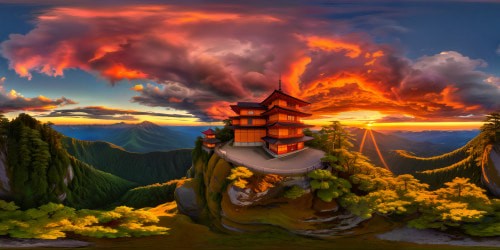 A flawless, ultra-high-resolution image of a sprawling, immaculate realm inspired by the intricate and vivid landscapes of the Naruto world, showcasing towering ancient shinobi temples, lush vibrant forests, cascading waterfalls, majestic mountain ranges, glowing chakra-infused flora, and swirling elemental jutsus, all in exquisite detail under a blazing red sunset sky.