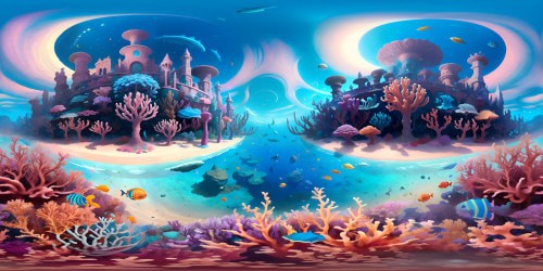 Ultra high-res VR360, sunken Atlantis, iridescent coral reefs, ancient ruins, mosaics, fish-shaped stone structures. Masterpiece quality, vivid colors, sparkling water effects, fantasy art style, infinite underwater expanse, 360 panoramic view of seafloor.