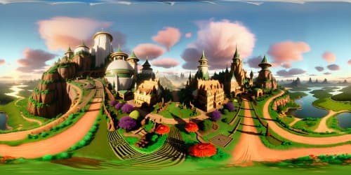 Pixar-style VR360 emerald skyline, bathed in sunset glow. Majestic poppy fields in technicolor brilliance, best quality masterpiece. Crystal river elegantly twisted through the scene, ultra high-res VR360 panorama. Luxurious textures painting an enchanting VR360 fantasy wonderland. Harmonious, high-quality render bringing Oz to life in stunning detail.