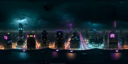 VR360: City skyline view, skyscrapers piercing the veil of rain clouds, vibrant neon lights reflecting off wet surfaces. VR360: Puffs of steam from unseen sources, twinkling stars peeking through gaps in the clouds. Ultra high-res masterpiece, emphasis on rain-soaked city lights, neon-infused palette.