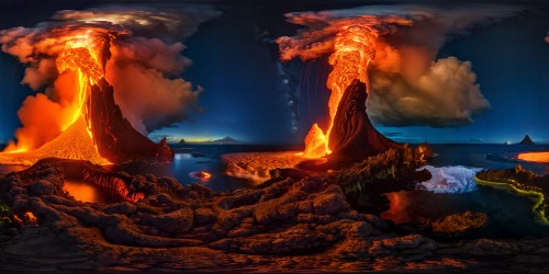 A flawless, high-resolution masterpiece capturing a volcanic eruption under the shimmering full moonlight, molten lava cascading into the ocean, creating a fiery spectacle amidst the serene nighttime seascape.