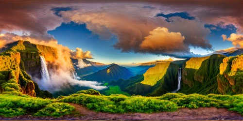 A flawless high-resolution depiction of the stunning Ethiopian highlands, capturing terraced valleys drenched in emerald green hues, majestic waterfalls tumbling over cliff edges in the warm glow of sunrise, wildflowers adding bursts of color against a backdrop of swirling clouds, an absolute masterpiece.