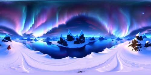 Ultra high-resolution VR360, stunning North Pole panorama. Glacier-covered landscapes, iridescent aurora overhead. Masterpiece-quality, realism style. Limited foreground, expansive icy skyline.