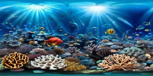 VR360 deep-sea aquarium, ultra-HD, photorealistic style. Immense glass dome, myriad tropical fish, multicolor coral formations. Enveloping water shimmer effects, prismatic light refractions. VR360 surreal, sub-aquatic spectacle, mysterious deep-sea ambiance, grandiose underwater masterpiece.