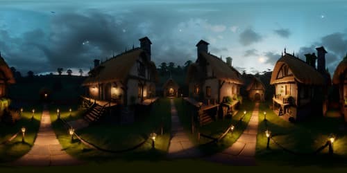 Ultra-high res gothic cottagecore, star-speckled indigo night sky, gilded moon casting ambient glow. Lush mossy thatch-roofed cottage silhouettes, weather-worn cobblestone path, intricate wrought-iron gate. VR360 view, masterfully styled in a detailed, dark romanticism, blending soft cottagecore tones with gothic grandeur. VR360