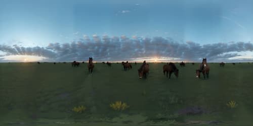 old west town plains wild horses and american bison herd in the distance with sunset skyview