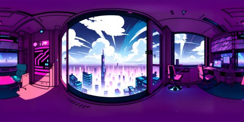 VR360 view, neo-futuristic cityscape, cyberpunk aesthetic, neon lights, ultra high-res masterpiece. Glass skyscrapers, iridescent reflections, synthscape atmosphere. VR360 style, vaporwave color palette, glowing signage, pixel art detailing, 3D rendered elements.