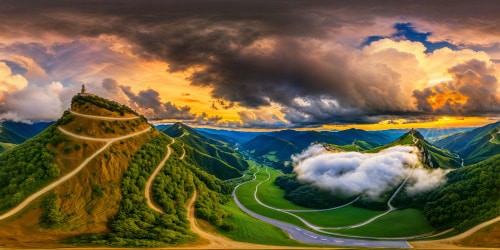 Immaculate countryside panorama reminiscent of a dynamic oil painting brought to life in ultra-high resolution, undulating hills drenched in golden sunlight, vivid hues seamlessly merging with intricate brushstrokes, a meandering path guiding through a flawless rural masterpiece.
