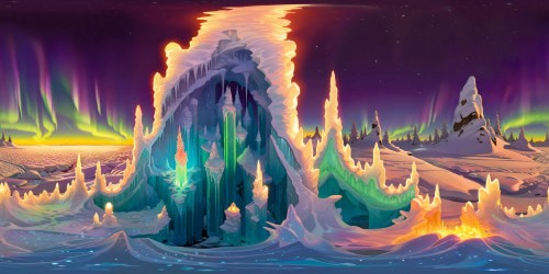 A crystalline wonderland of towering ice formations, shimmering under the ethereal glow of the Northern Lights, flawlessly detailed in ultra high resolution.
