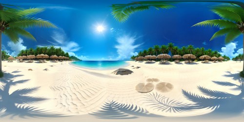 Pristine, white sand beach, aquamarine water shimmering under a radiant sun. Palms swaying at the edge, providing respite from the heat. Expansive, cloudless cerulean sky, compelling ocean horizon. VR360 ultra-high-resolution, immersion in a tropical paradise. Photorealistic, hyperreal detail, textures, tones. Sway of palm fronds, fine sand granules. A VR360 masterpiece, a