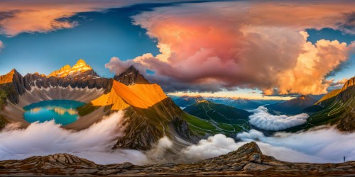 Ideal prompt: A hidden, flawless alpine lake nestled among mystical mountains, with ethereal wyverns soaring in the sky, radiant sunset hues merging with pastel clouds, creating a surreal and fantasy world of perfect harmony and breathtaking beauty, captured in ultra-high-resolution VR360 detail.