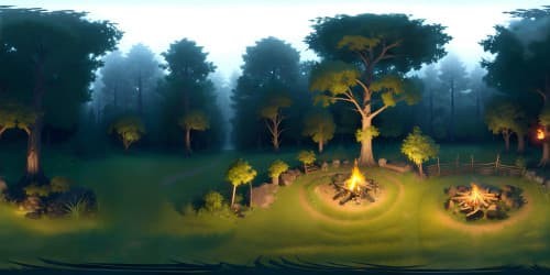 Masterpiece dark-scape, ultra-high resolution, spooky forest VR360. Overgrown pines, tangled oaks, VR360 foggy nocturnal scene. Sparse campfire glow, emphasis on shadows, intricate detail. Optimal for dread-filled VR360 exploration.