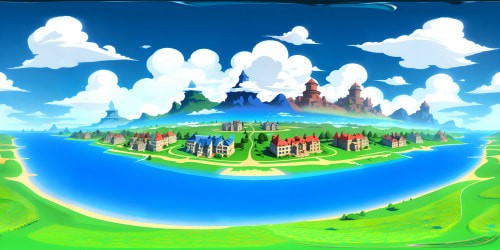 Masterpiece cartoon elegance, ultra HD fidelity. Pop-art clouds, VR360 view, vibrant color palette. Oversized, exaggerated sundae, top-tier cherry, cerulean blue backdrop. Suspended isle, caricatured townhomes, VR360 panoramic skyline, pronounced inked edges. Halftone dotted mountain range, cel-shaded first plane.