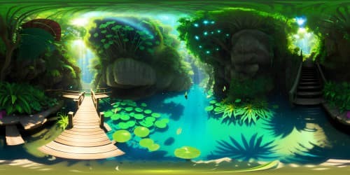 Ultra high-res VR360 masterpiece, drenched rainforest expanse, 50ft deep turquoise waters. Late morning rays piercing through, ancient wooden bridge, snaking path to tranquil pond. Vibrant fish, lush flora, in VR360 crystal clarity.