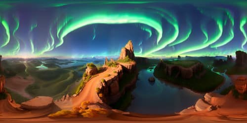 Elder Scroll 5-inspired scenery, VR360 high-definition mountain ranges, majestic towering waterfalls, mystical ancient ruins, rich bioluminescent flora, ethereal northern lights, ultra-high-resolution fantasy art style.