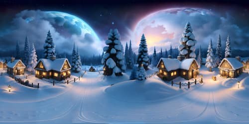 santas workshop north pole wth santa flying on his sleigh in the sky