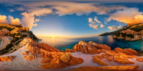 Flawless Mediterranean coastline at golden hour, where crystal-clear waters gently lap on pristine sandy shores, a vibrant seaside village nestled against towering cliffs, under a sky painted with hues of flaming tangerine and lilac, captured in breathtaking ultra-high resolution.