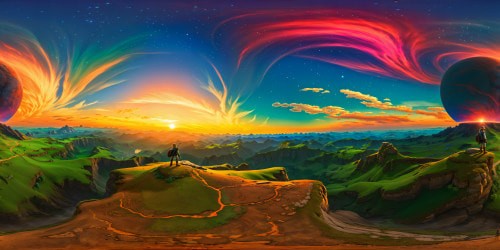 A perfect, flawless masterpiece in ultra-high resolution, showcasing a vibrant sunset morphed into galactic hues, cosmic colors swirling as a distant planet ascends, imbuing the scene with celestial majesty.