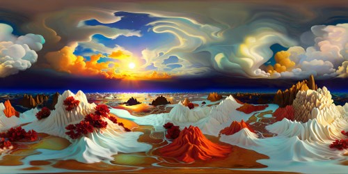 VR360 panorama, blazing sun mastery, fiery horizon spectacle, ultra-high-resolution. Cobblestone streets, sizzling, shimmering heat. Ice cream cones, drippy puddles, stark contrasts. White ice cream swirls, luscious, enticing texture, chilling counter to simmering ambience. Picasso-style, abstract yet intriguing VR360 artistry. Surreal, immersive, vivid melting