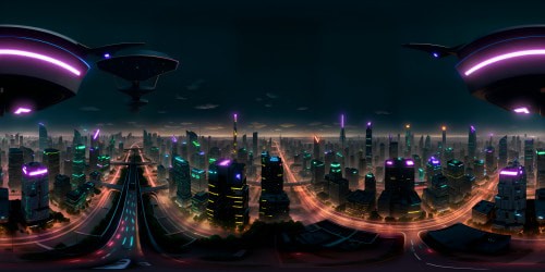 Ultra high-res masterpiece, VR360 view of neon city skyline, smart megalopolis. Digitally pulsating skyscrapers, VR360 glowing holographic billboards. Hovering monorails, AI-regulated drone pathways. Radiating energy arteries, cyberpunk spectacle. Techno-futuristic ambiance, VR360 immersive cityscape.