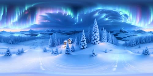 Glittering snowscape, towering evergreen forest in the frost, twinkling starlight on icy surfaces. VR360 Christmas-themed panoramic. Masterpiece quality, ultra high res VR360. Softly glowing auroras, glistening icicles. Picasso-style rendering.